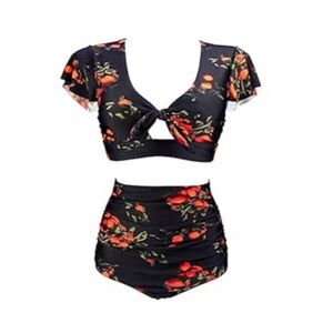 COCOSHIP Black and Orange Tangerine Print Retro Bikini